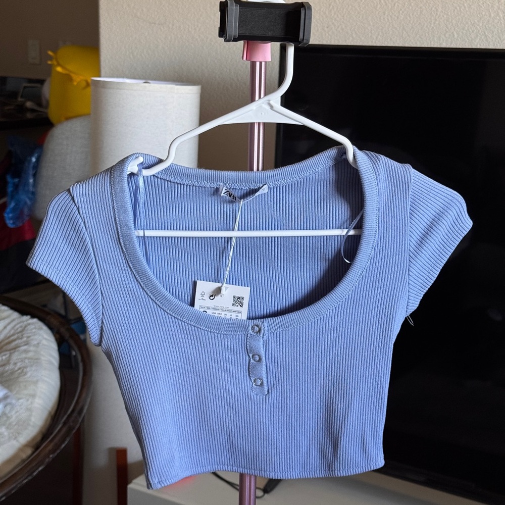 Zara Light Blue Ribbed Knit Top